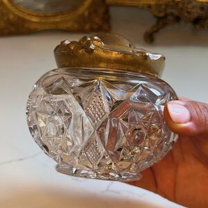 Vintage Crystal Powder Jar with Gold Lid